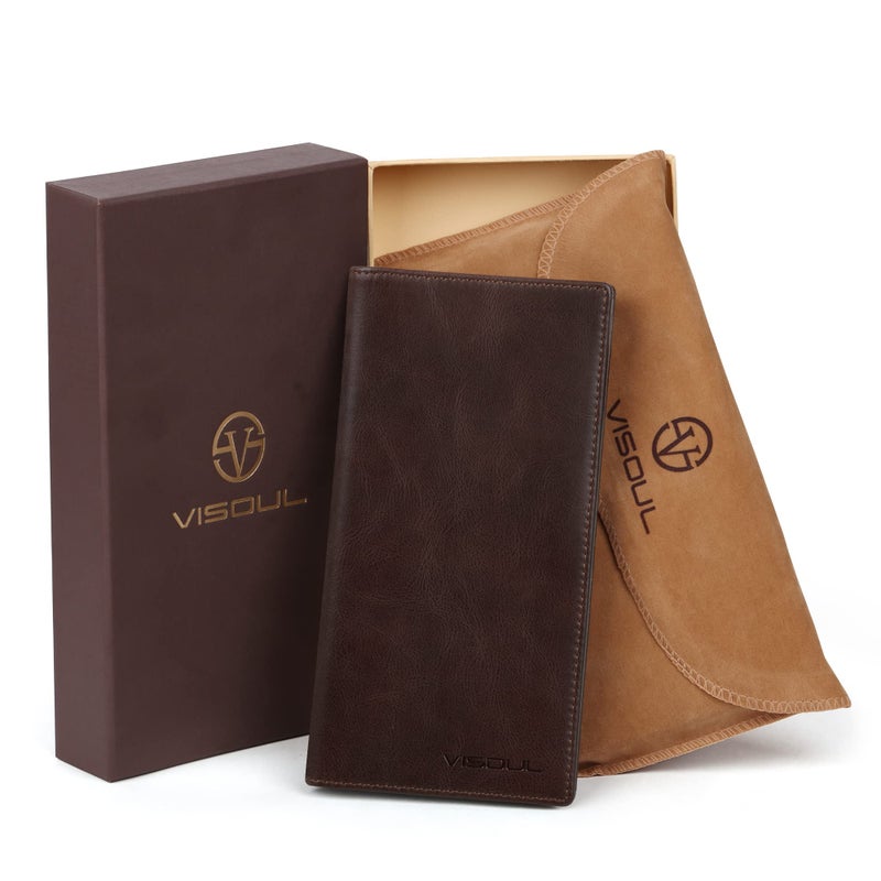 VISOUL Leather Checkbook Cover Wallet for Men with RFID Blocking, Mens Long Bifold Cash Tall Wallet with 11 Credit Card Slots 1 ID Window (Coffee) - Image 5